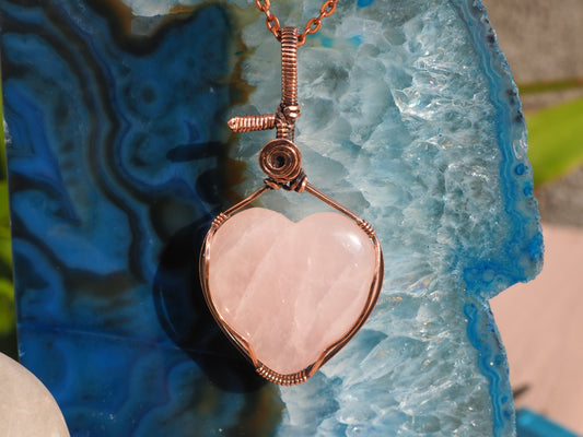 Reiki Lovers Rose Quartz Heart Pendant wrapped in Copper