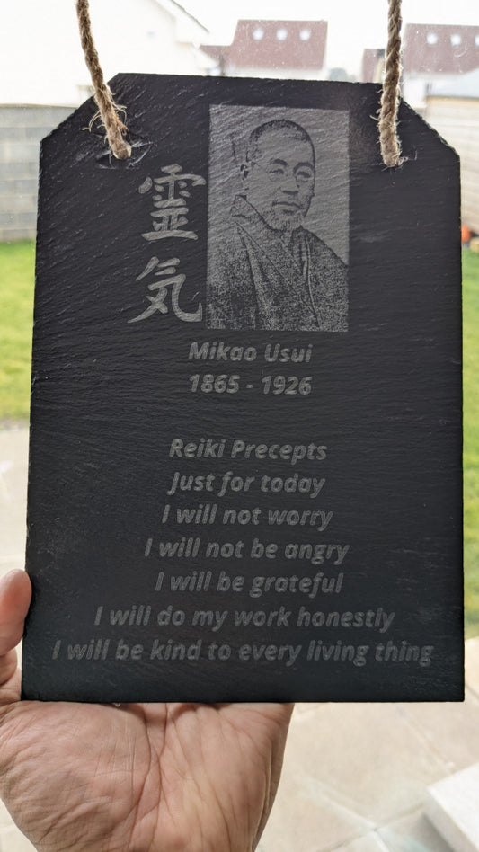 Mikao Usui & Reiki Precepts on Slate