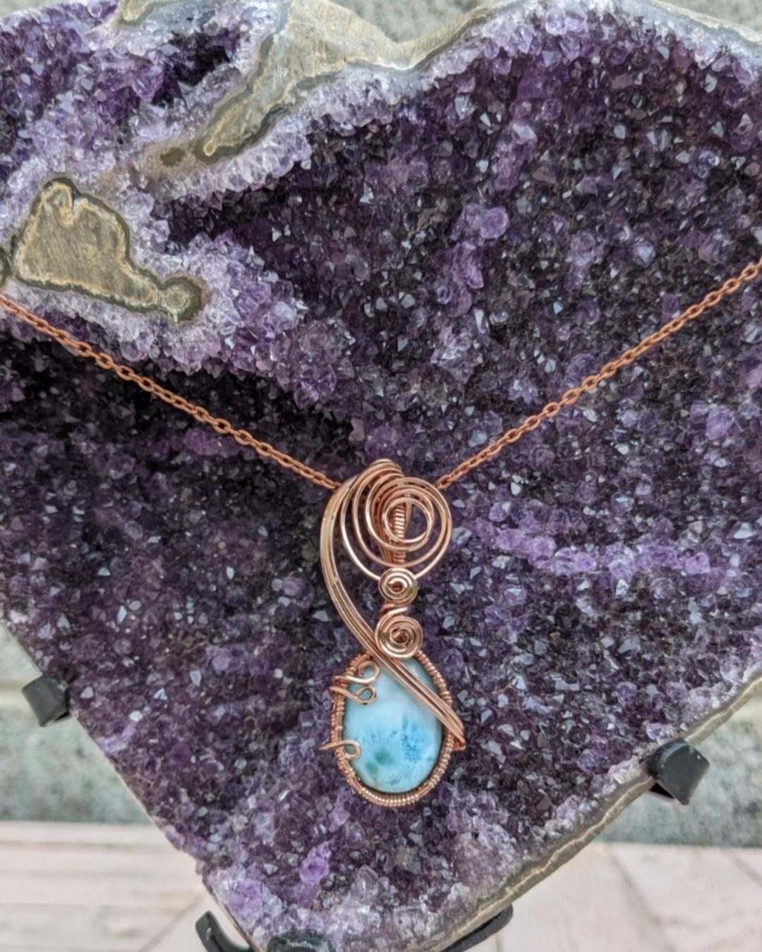 Larimar wrapped in swirls of Copper